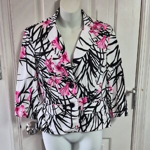 Tropical Print Black & White Blazer with Pink Floral Accents